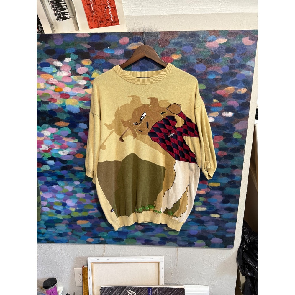 Vintage Karl Kani Golfing Bull Graphic Knit Sweater Short Sleeve Yellow Mens